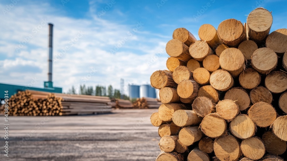 Stockpiles of Freshly Cut Timber Logs Under Blue Sky at Lumber Yard