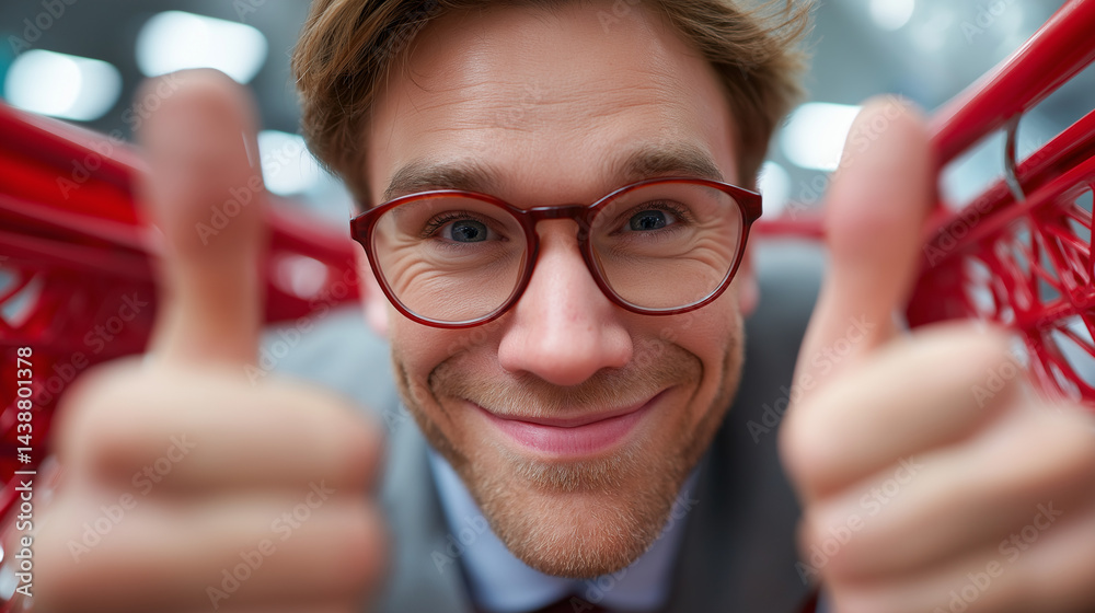 Junger Mann mit Brille zeigt lächelnd zwei Daumen hoch vor Einkaufswagen