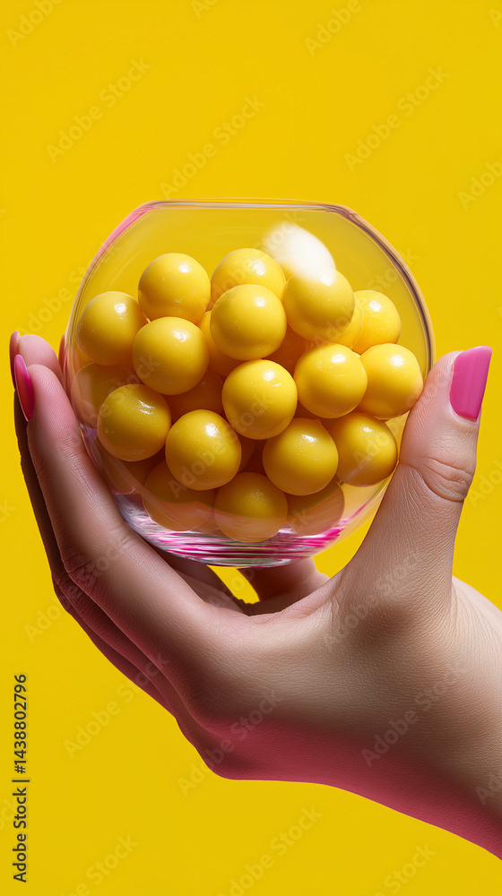 Hand hält Glasschale mit gelben Bonbons vor gelbem Hintergrund