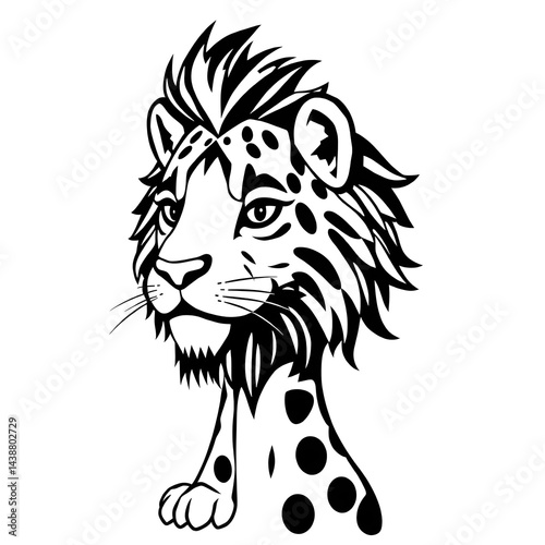 Cute Cartoon Lion Cub Head, Black and White Illustration