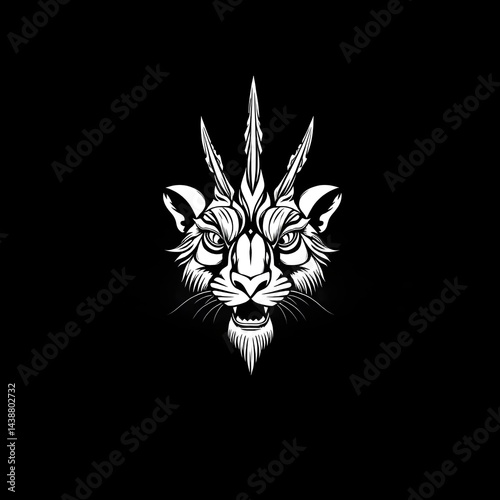 Fierce White Tiger Head with Spikes, Black Background