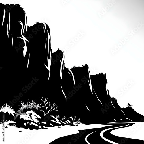 Dramatic Black and White Mountain Road Landscape Illustration