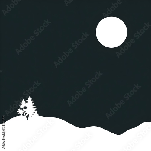 Silhouette of Pine Trees on Snowy Hills Under Full Moon