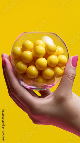 Obraz na płótnie Hand hält Glasschale mit gelben Bonbons vor gelbem Hintergrund w salonie