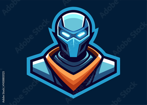 Blue Cyborg Ninja:  An  intense blue cyborg ninja warrior  with  glowing eyes and a sharp mask  evokes a sense of strength and mystery. It's ready to be used for video games,  branding.