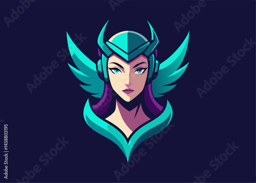 Guardian of Valor: A stylized depiction of a powerful woman adorned with wings, helmet, radiating strength, confidence, and determination. An embodiment of heroism.