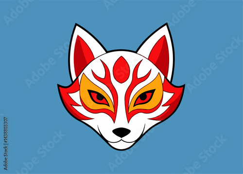 Mystical Kitsune: A vivid illustration of a Kitsune mask, featuring striking red, orange, and white detailing, set against a calm, light blue backdrop, evoking the mystery of Japanese folklore.