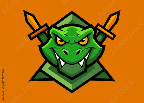 Dino Mascot with swords: A bold illustration of a fierce dinosaur mascot, complete with crossed swords and a confident expression, set against a striking colored backdrop.
