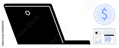 Black laptop next to financial icon and miniature analytics dashboard. Ideal for finance, technology, online business, remote work, productivity, strategy, simple landing page