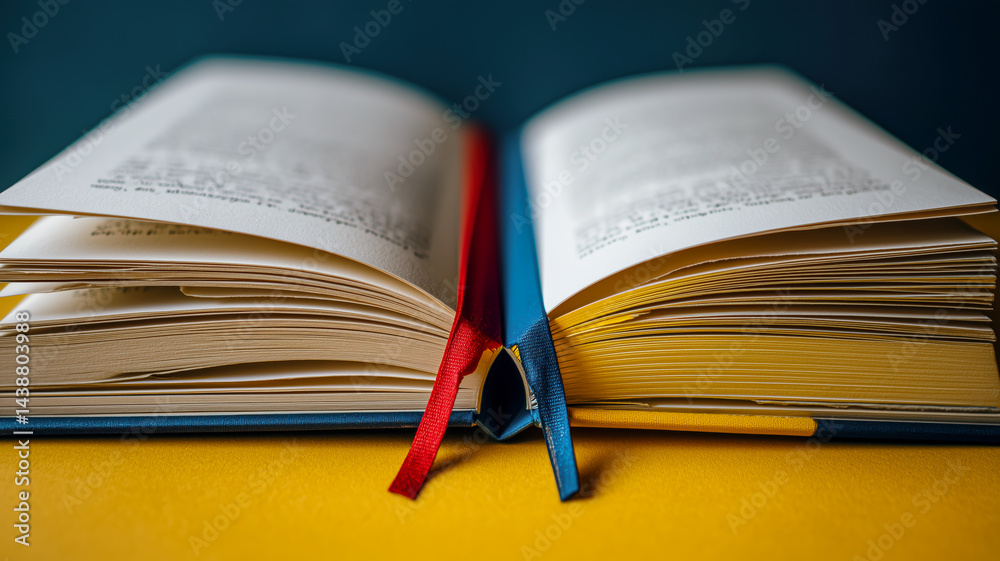 Naklejka premium Open book with ribbons on a yellow surface, bathed in soft, diffused light, inviting exploration of knowledge and stories.