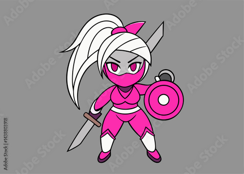 Pink Ninja Girl Cartoon: A cute pink ninja girl cartoon character with a katana and shield, ready for action.