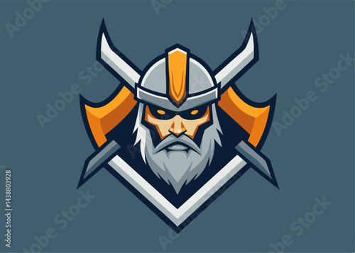 Viking Warrior Emblem: A bold and dynamic emblem of a fierce Viking warrior, poised with a stern gaze and formidable weaponry. This striking design represents strength, courage.