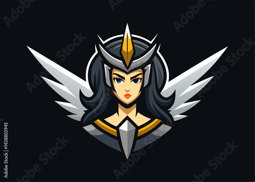 Ethereal Guardian: A majestic emblem of a divine female warrior with flowing dark hair, adorned with a helmet, wings, and radiant presence, against a stark backdrop, emanating power.
