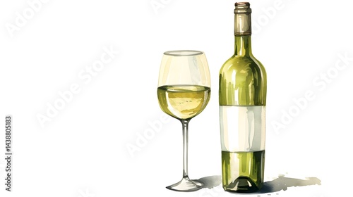 Watercolor illustration of a bottle of white wine or vermouth for artistic projects