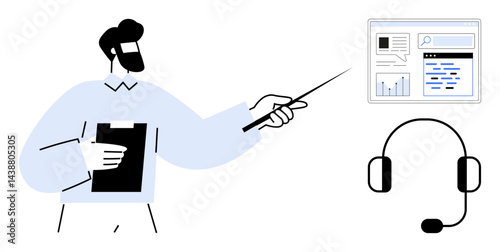 Person holding clipboard, pointing at data screen headset visible. Ideal for remote work, training, education, analytics, team collaboration, customer support, simple landing page