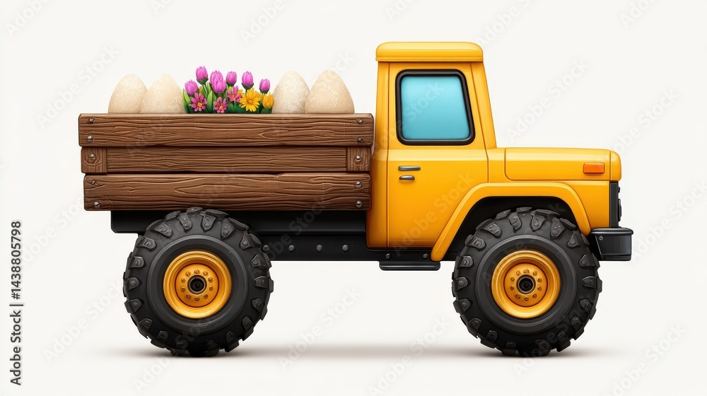 Small yellow truck loaded with wooden crates full of colorful farm produce isolated on white background representing transportation delivery and agriculture farming industry Small yellow truck loaded with wooden crates full of colorful farm produce isolated on white background representing transportation delivery and agriculture farming industry