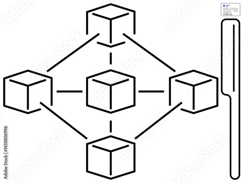 Abstract network diagram with interconnected cubes illustrating blockchain, security, and data management concepts. Ideal for technology, innovation, data flow, decentralization, system design