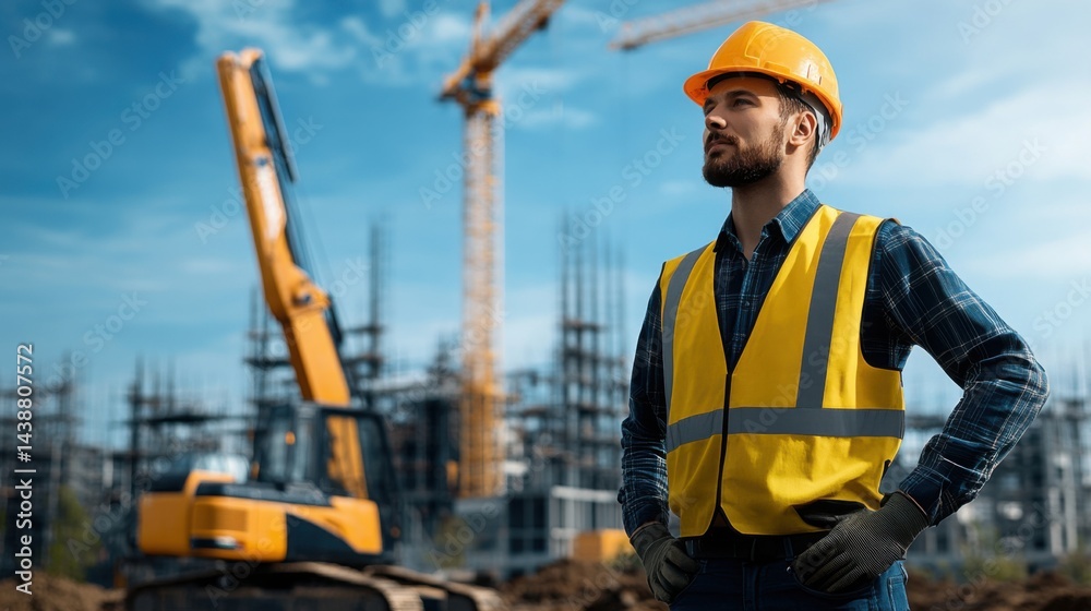 Confident Construction Worker Overseeing Site with Machinery in Background