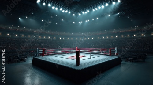 A boxing ring with a red fence under the light of spotlights, with a spectator hall in the background