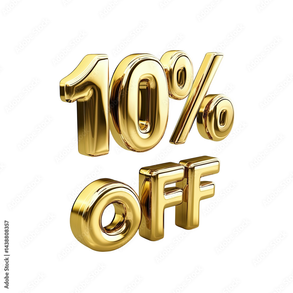Shiny golden ten percent off sale discount offer promotion luxury 3d text on transparent background Shiny golden ten percent off sale discount offer promotion luxury 3d text on transparent background