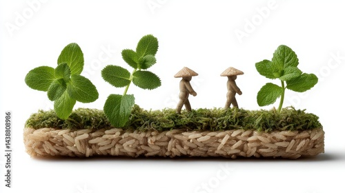 Young fresh green sprouts and small mushrooms emerging together from natural brown soil illustrating concept of organic farming biodiversity environmental sustainability and plant life cycle farming