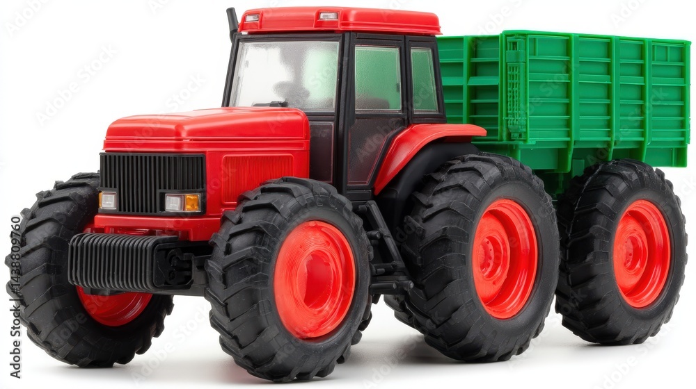 Obraz premium Large red tractor with big green trailer attached parked on rustic farmland road under blue sky background representing agriculture machinery logistics and farming harvest transportation rural