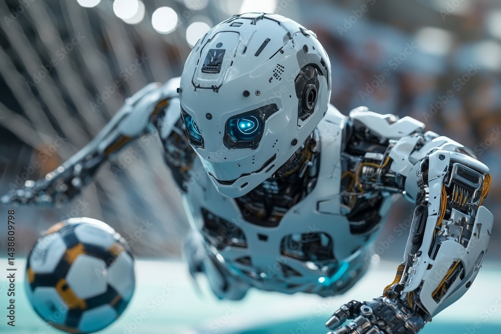 Fototapeta premium Futuristic humanoid robot playing soccer on a modern stadium field