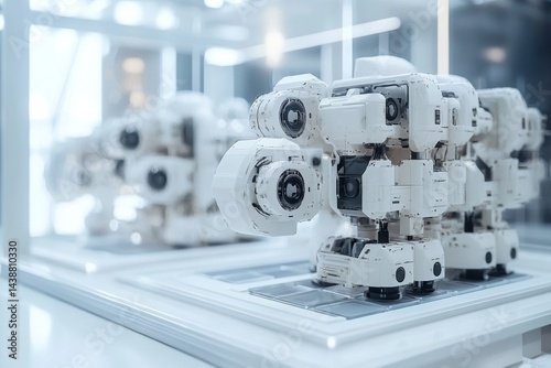 White 3D printed mechanical parts on table in bright workshop