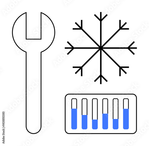 Wrench symbol, snowflake icon, and temperature gauge illustrating repair, cold storage, heat regulation. Ideal for maintenance, refrigeration, cooling systems, HVAC energy weather simple landing
