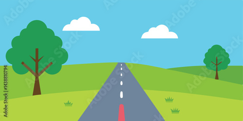 Cartoon Countryside with Empty Bicycle Lane Vector Illustration