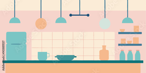 Cozy Kitchen with Hanging Pots and Pastel Tiles Vector Illustration