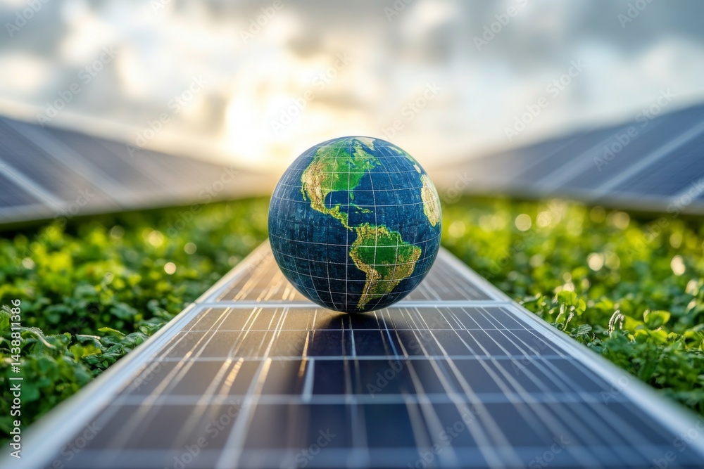 Globe with solar panels and greenery symbolizing clean energy