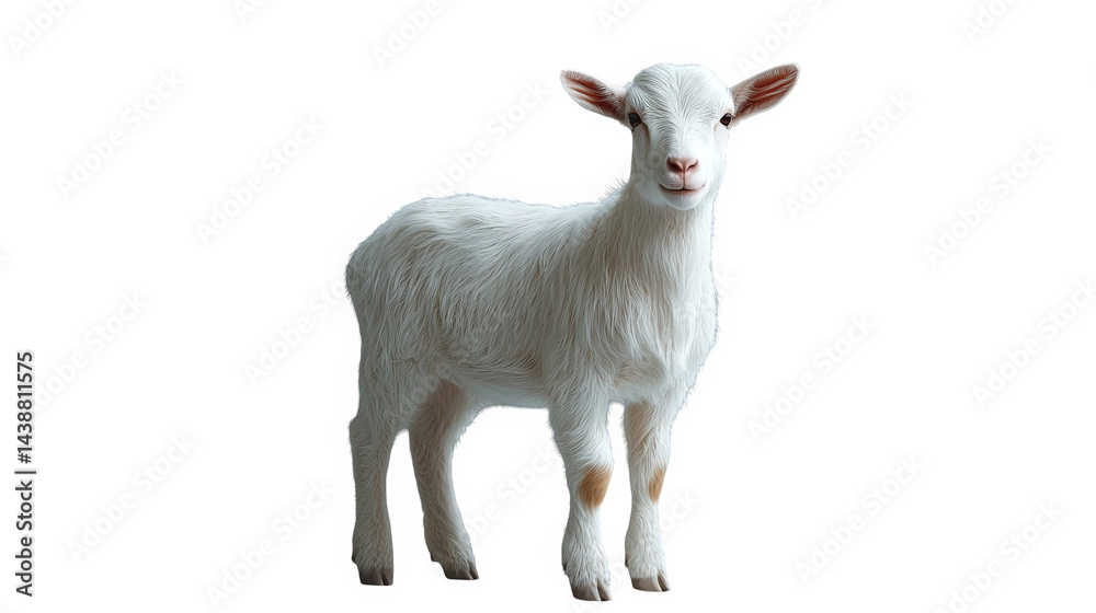 Fototapeta premium Adorable young white goat kid standing isolated on pet fur farm cute soft on transparent background