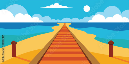 Cartoon Seaside Boardwalk Path Without People Vector Illustration