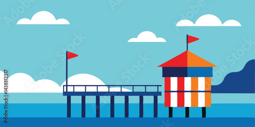 Charming Cartoon Seaside Pier View Vector Illustration for Coastal Scenes