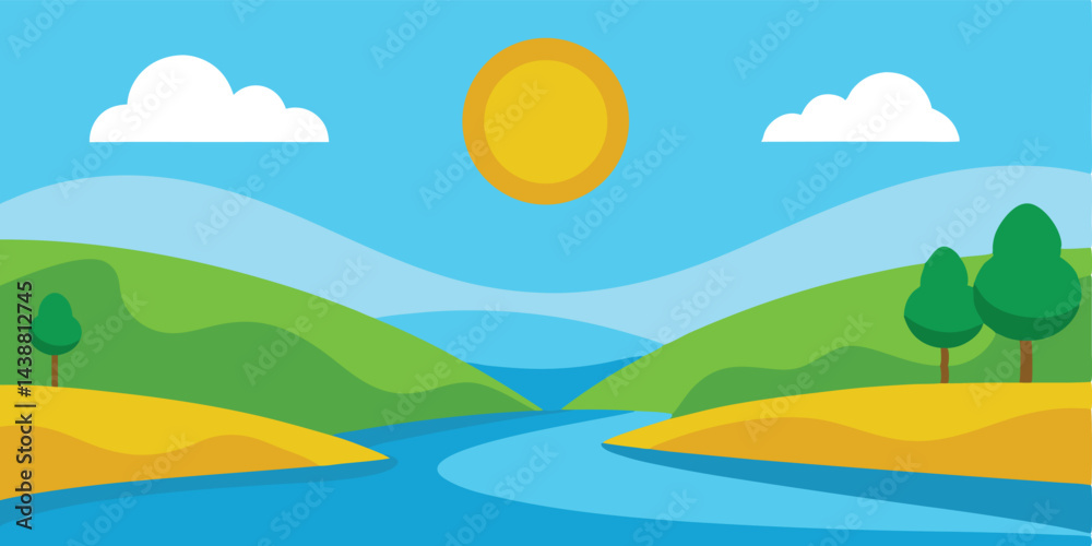 Cartoon Peaceful Riverside Under Clear Sunny Sky Vector Illustration Cartoon Peaceful Riverside Under Clear Sunny Sky Vector Illustration