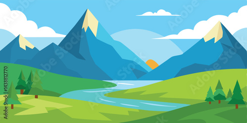 Charming Cartoon Peaceful Mountain Valley Landscape Vector Illustration