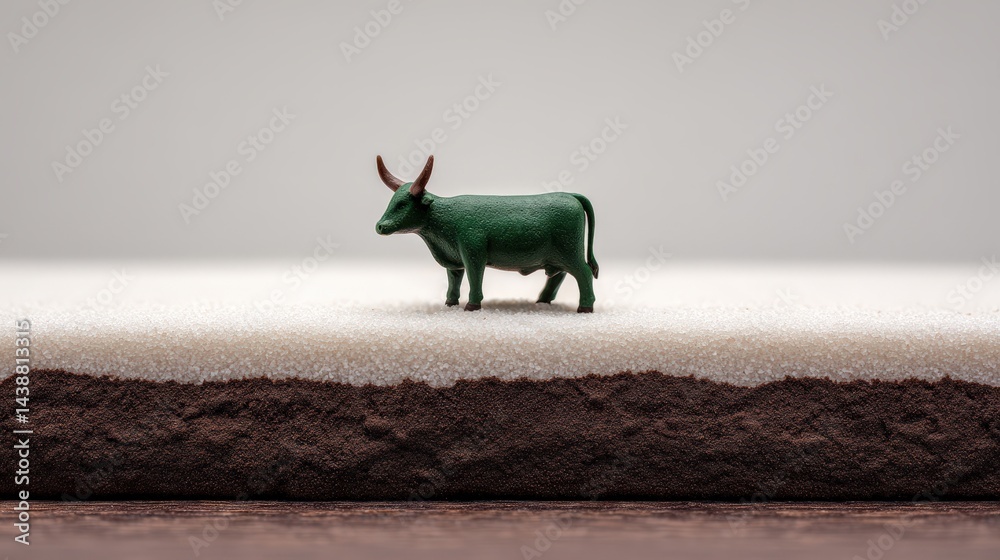Obraz premium Miniature green bull figure placed on rural soil conceptualizing organic farming agribusiness sustainable development livestock symbolism and agriculture ecosystem economy practices