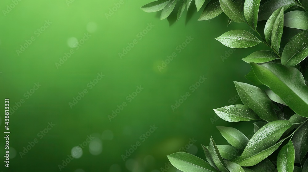 Fototapeta premium Lush Green Leaves with Water Droplets on a Soft Green Background
