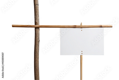 Blank white sign attached to rustic wooden crossbeam post board paper on transparent background