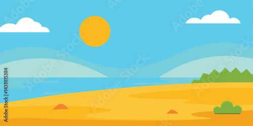 Wide Sunny Open Space Near the Cartoon Coast Vector Illustration