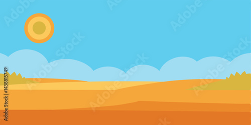 Flat Open Prairie Land Under Bright Noon Sun Vector Illustration
