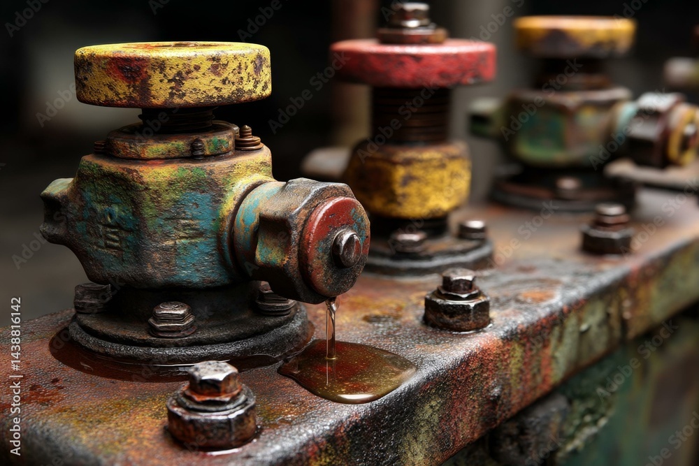 Industrial Valve with Leaking Fluid and Rusted Metallic Parts, Close-up View of Aged Machinery Components Industrial Valve with Leaking Fluid and Rusted Metallic Parts, Close-up View of Aged Machinery Components