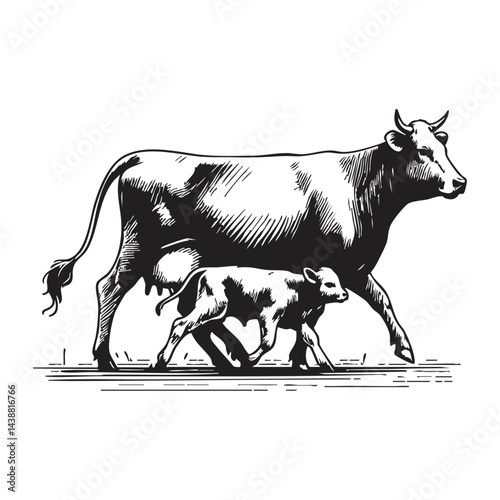 Vintage black and white ink illustration of a cow nursing her calf, isolated on white background, rustic countryside farm style, detailed classic sketch.