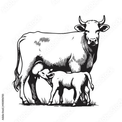 Vintage black and white ink illustration of a cow nursing her calf, isolated on white background, rustic countryside farm style, detailed classic sketch.