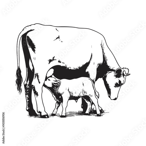 Vintage black and white ink illustration of a cow nursing her calf, isolated on white background, rustic countryside farm style, detailed classic sketch.