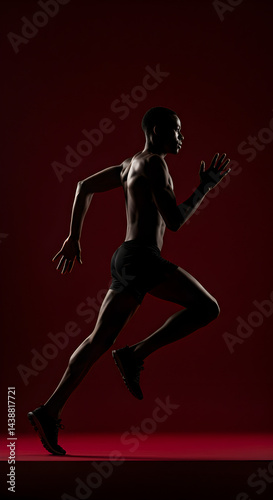 Silhouette of a Male Runner in Action with Red Background