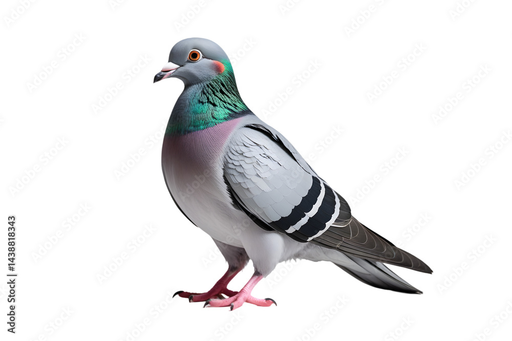 Fototapeta premium Single Feral Pigeon Isolated on White for Urban Wildlife Concepts: Grey Bird with Iridescent Neck Imagery: Pigeon, Feral, Isolated, White, Bird, Wildlife, Urban, Grey, IridescenT PNG.