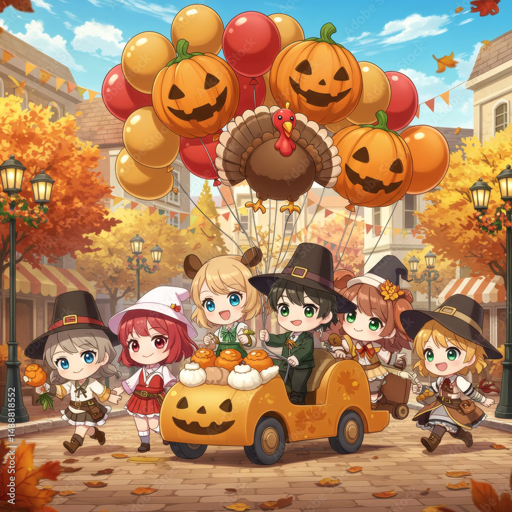 Fototapeta premium Adorable chibi children in costumes joyfully celebrate a festive Thanksgiving parade with balloons.