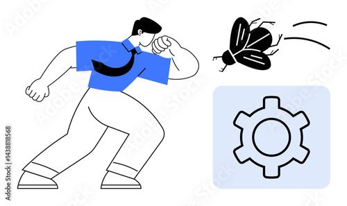 Man tackling bug with dynamic pose beside gear icon representing software troubleshooting and debugging. Ideal for teamwork, technology, efficiency, innovation, challenges, solutions, simple landing